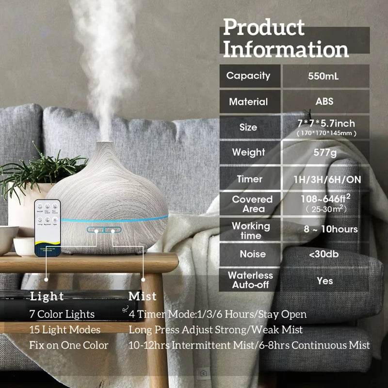 Air Humidifier Essential Oil Diffuser 500ML With Lights Remote Control Ultrasound Electric Aromatherapy Diffuser - Omega Lifestyles