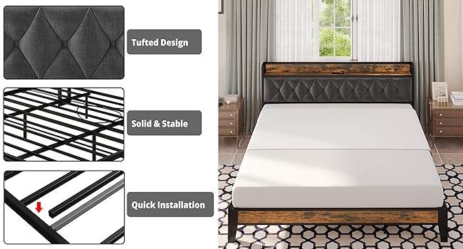 ANCTOR Twin/TwinXL/Full/Queen/King/CaliforniaKing Bed Frames, Storage Headboard with Outlets, No Noise, No Box Springs Needed - Sleep Galleria