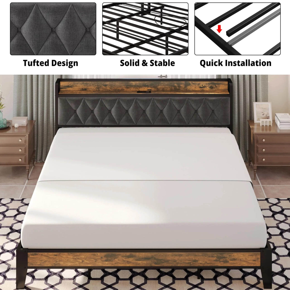ANCTOR Twin/TwinXL/Full/Queen/King/CaliforniaKing Bed Frames, Storage Headboard with Outlets, No Noise, No Box Springs Needed - Sleep Galleria