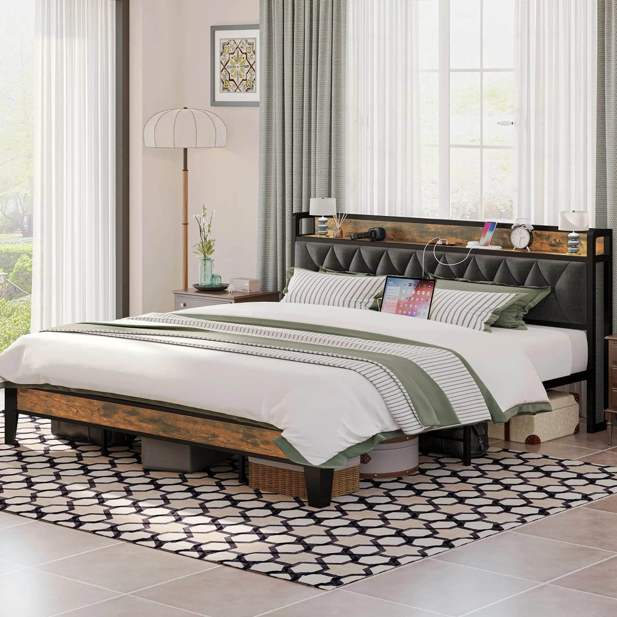 ANCTOR Twin/TwinXL/Full/Queen/King/CaliforniaKing Bed Frames, Storage Headboard with Outlets, No Noise, No Box Springs Needed - Sleep Galleria