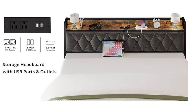 ANCTOR Twin/TwinXL/Full/Queen/King/CaliforniaKing Bed Frames, Storage Headboard with Outlets, No Noise, No Box Springs Needed - Sleep Galleria