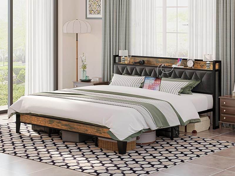 ANCTOR Twin/TwinXL/Full/Queen/King/CaliforniaKing Bed Frames, Storage Headboard with Outlets, No Noise, No Box Springs Needed - Sleep Galleria