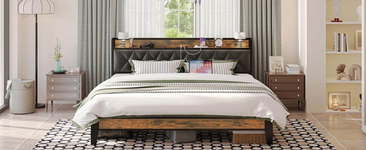 ANCTOR Twin/TwinXL/Full/Queen/King/CaliforniaKing Bed Frames, Storage Headboard with Outlets, No Noise, No Box Springs Needed - Sleep Galleria