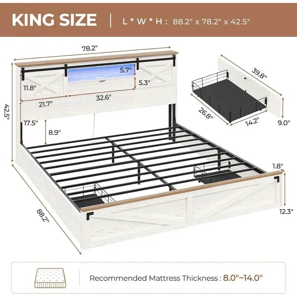 Bed Frame King Size with LED Lights and Charging Station, Wooden King Bed with 2 Storage Drawers, Rustic Headboard - Omega Lifestyles