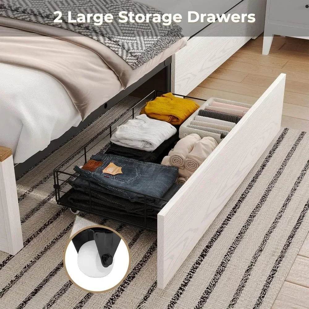 Bed Frame King Size with LED Lights and Charging Station, Wooden King Bed with 2 Storage Drawers, Rustic Headboard - Sleep Galleria