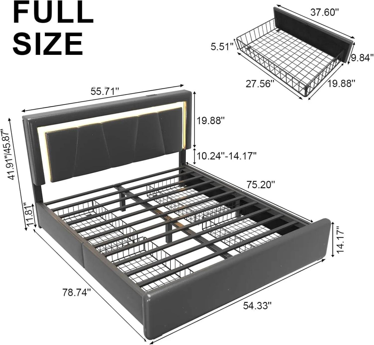 Bed Frame with 4 Storage Drawers and LED Lights Upholstered Platform Bed with Adjustable Headboard and Charging Station Metal Sl - Sleep Galleria