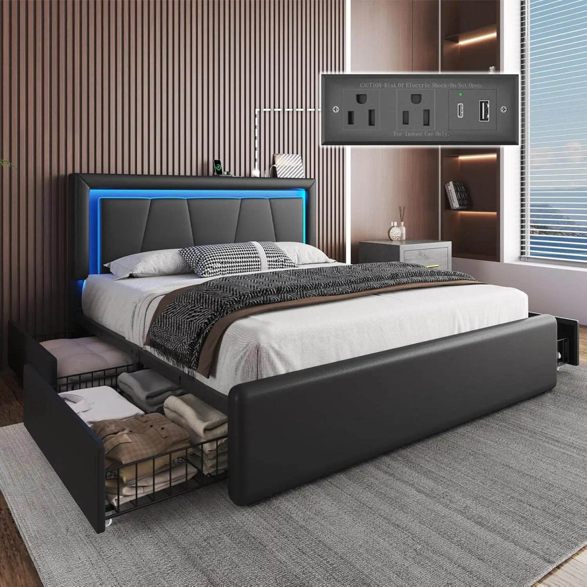 Bed Frame with 4 Storage Drawers and LED Lights Upholstered Platform Bed with Adjustable Headboard and Charging Station Metal Sl - Sleep Galleria