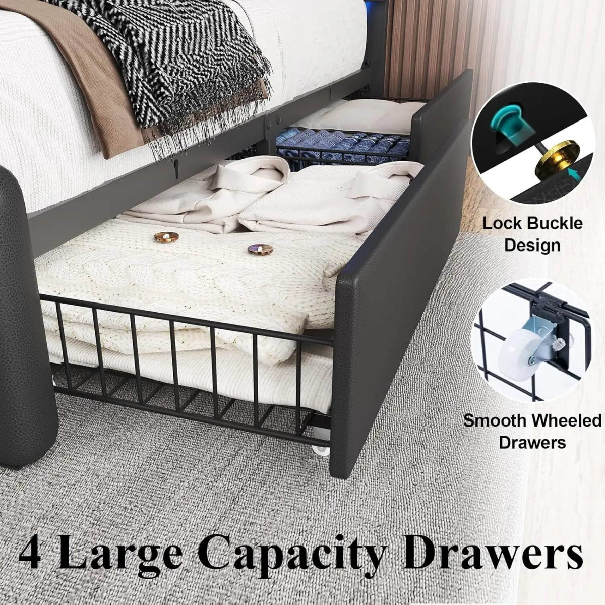 Bed Frame with 4 Storage Drawers and LED Lights Upholstered Platform Bed with Adjustable Headboard and Charging Station Metal Sl - Sleep Galleria