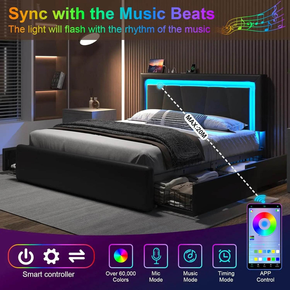 Bed Frame with 4 Storage Drawers and LED Lights Upholstered Platform Bed with Adjustable Headboard and Charging Station Metal Sl - Sleep Galleria