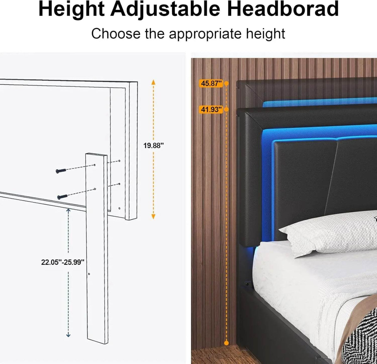 Bed Frame with 4 Storage Drawers and LED Lights Upholstered Platform Bed with Adjustable Headboard and Charging Station Metal Sl - Sleep Galleria