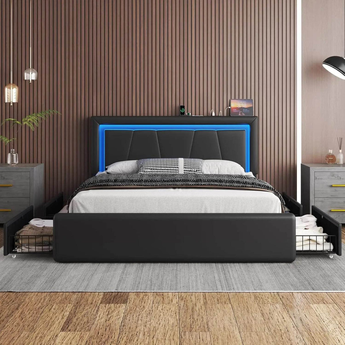Bed Frame with 4 Storage Drawers and LED Lights Upholstered Platform Bed with Adjustable Headboard and Charging Station Metal Sl - Sleep Galleria