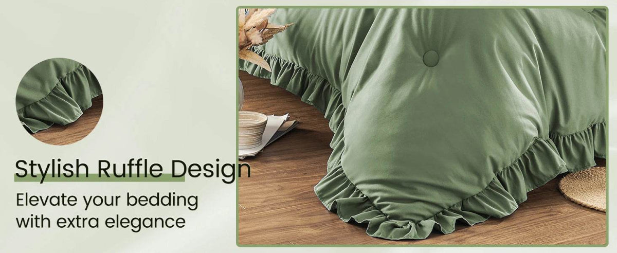 Bedding Set, 7 Pieces King Comforter Set in Green Ruffle, Shabby Chic Bed in A Bag with Premium Brushed Microfiber, Bedding - Omega Lifestyles