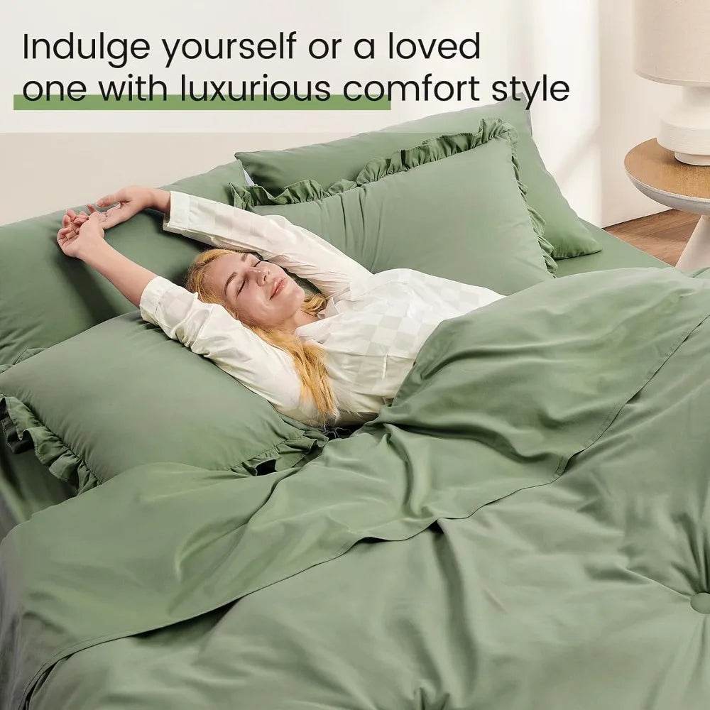 Bedding Set, 7 Pieces King Comforter Set in Green Ruffle, Shabby Chic Bed in A Bag with Premium Brushed Microfiber, Bedding - Omega Lifestyles