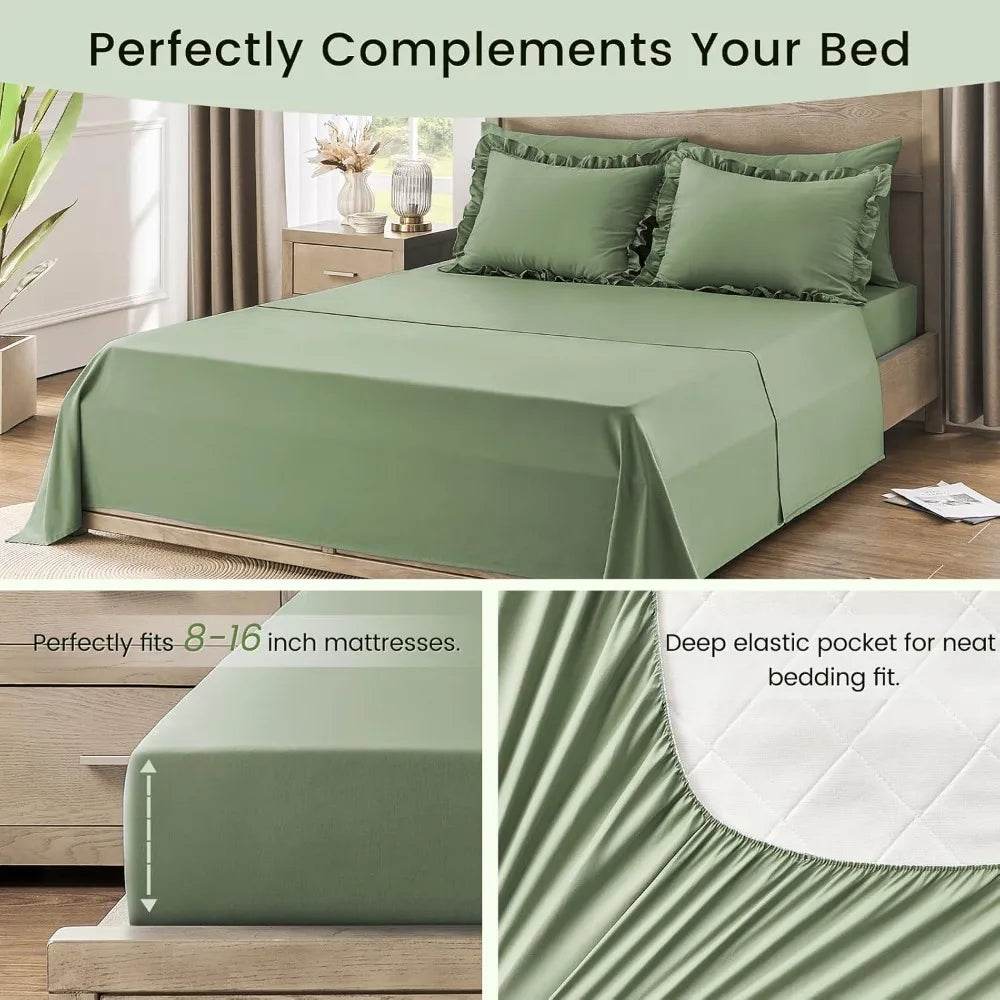Bedding Set, 7 Pieces King Comforter Set in Green Ruffle, Shabby Chic Bed in A Bag with Premium Brushed Microfiber, Bedding - Omega Lifestyles