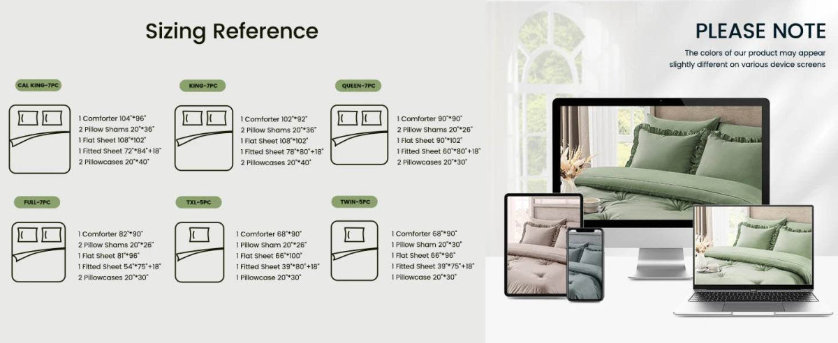 Bedding Set, 7 Pieces King Comforter Set in Green Ruffle, Shabby Chic Bed in A Bag with Premium Brushed Microfiber, Bedding - Omega Lifestyles