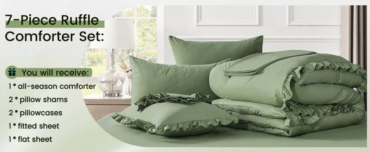 Bedding Set, 7 Pieces King Comforter Set in Green Ruffle, Shabby Chic Bed in A Bag with Premium Brushed Microfiber, Bedding - Omega Lifestyles