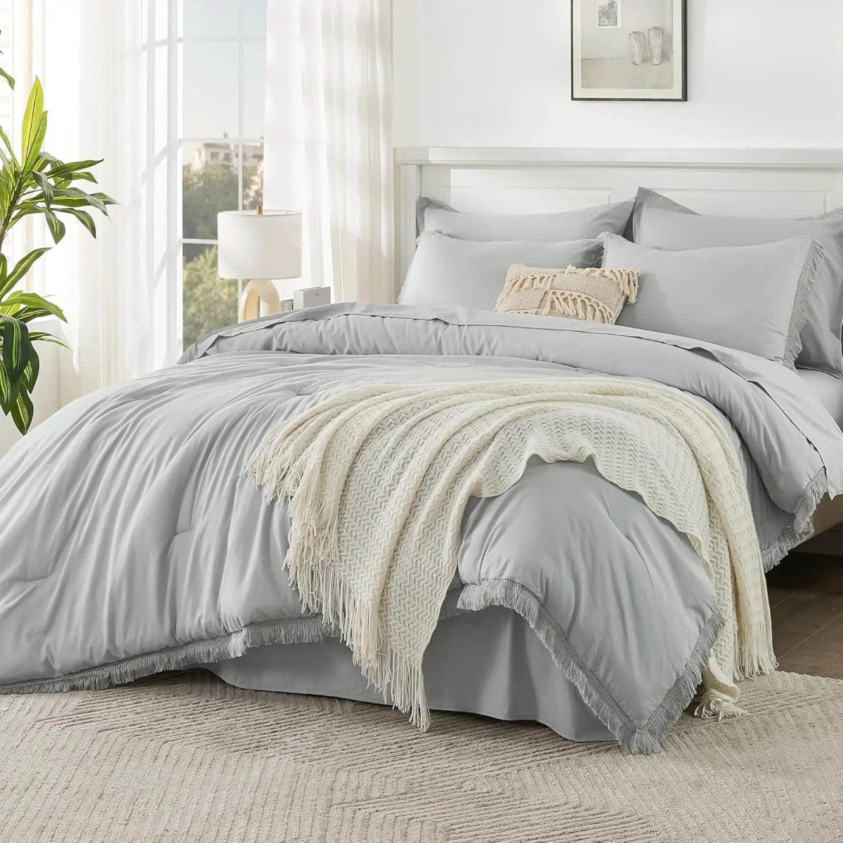 Comforter Set King Size, with Sheets 7 Pieces Boho Tassel Bed in a Bag Soft Lightweight Bedding Sets, All Season Fringe Bed Set - Omega Lifestyles