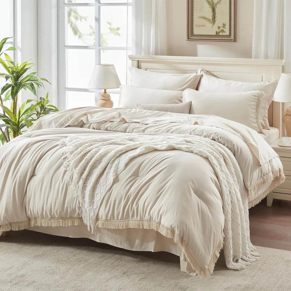 Comforter Set King Size, with Sheets 7 Pieces Boho Tassel Bed in a Bag Soft Lightweight Bedding Sets, All Season Fringe Bed Set - Omega Lifestyles