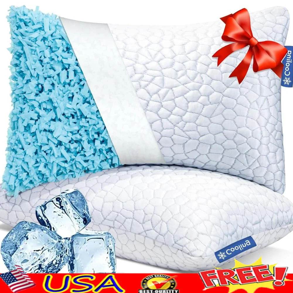 Cooling Shredded Memory Foam Pillows Queen Size 2 Pack Adjustable Loft Breathable Sleep Solution Hot Sleepers - Sleep Galleria
