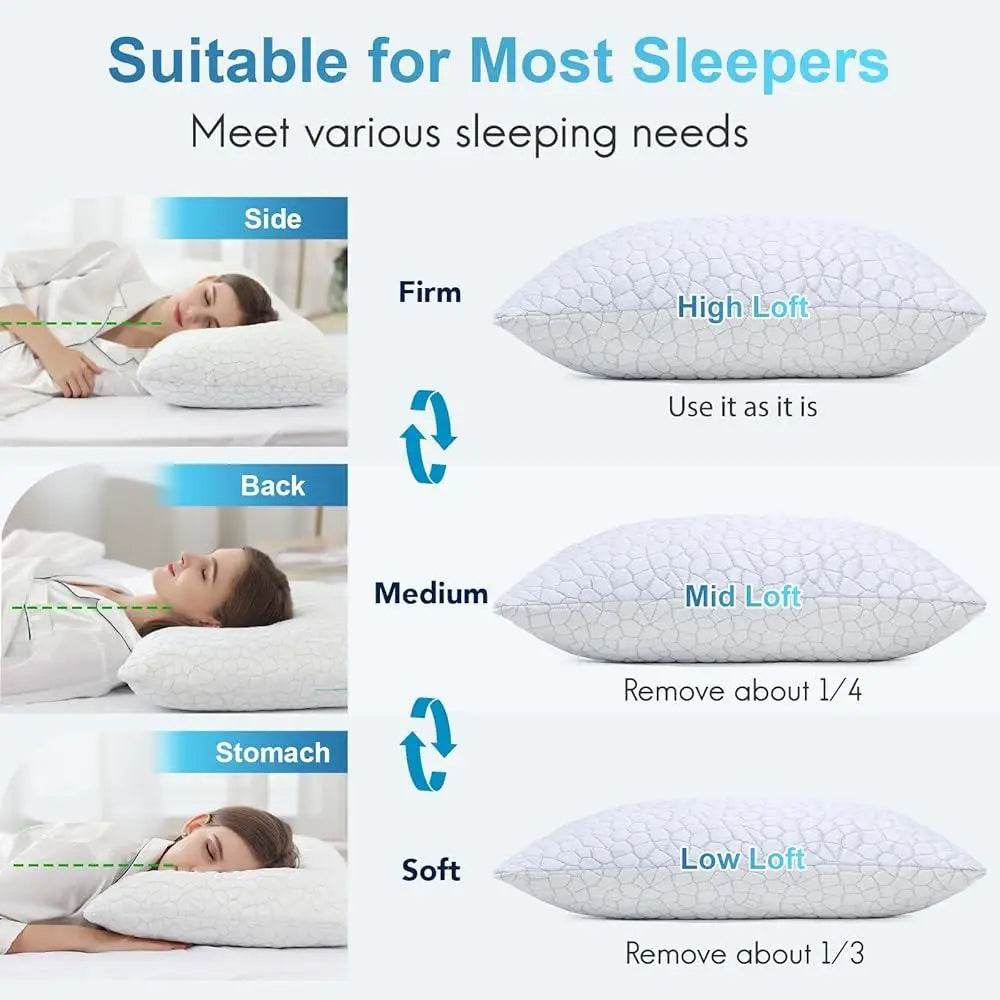 Cooling Shredded Memory Foam Pillows Queen Size 2 Pack Adjustable Loft Breathable Sleep Solution Hot Sleepers - Sleep Galleria
