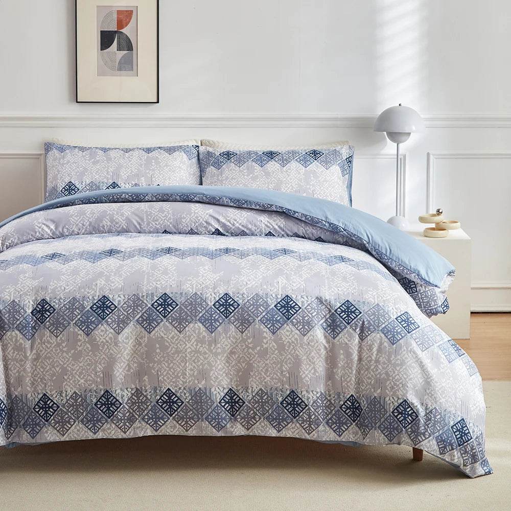 Duvet Cover Set, Bohemian Aztec Blue White Cream Bohemian Geometric Duvet Cover Set, Super Soft Lightweight 3 Piece Bedding Set - Sleep Galleria