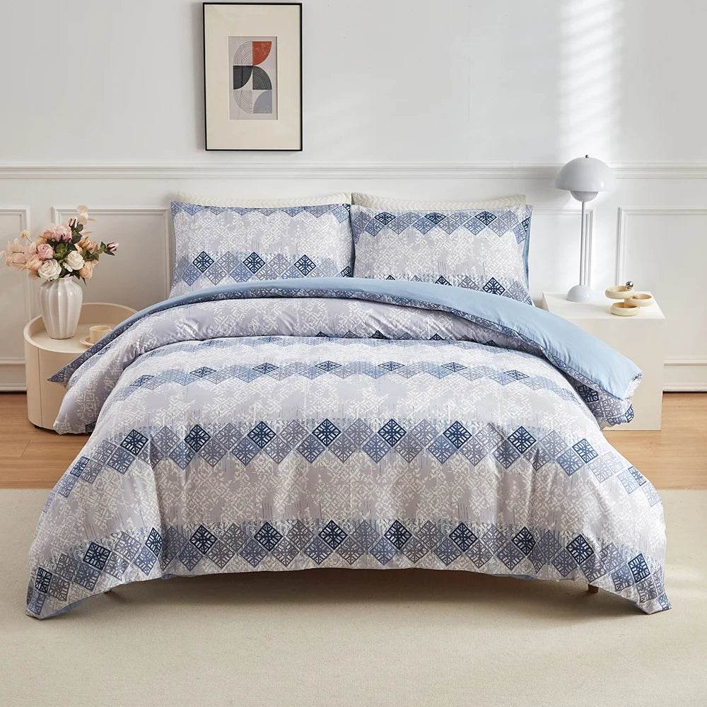 Duvet Cover Set, Bohemian Aztec Blue White Cream Bohemian Geometric Duvet Cover Set, Super Soft Lightweight 3 Piece Bedding Set - Sleep Galleria