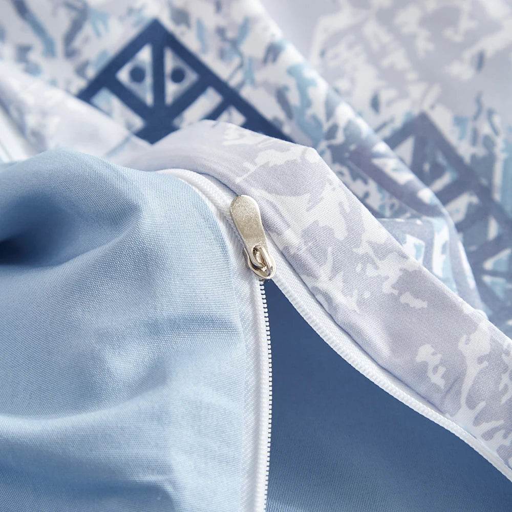 Duvet Cover Set, Bohemian Aztec Blue White Cream Bohemian Geometric Duvet Cover Set, Super Soft Lightweight 3 Piece Bedding Set - Sleep Galleria