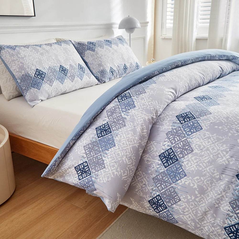 Duvet Cover Set, Bohemian Aztec Blue White Cream Bohemian Geometric Duvet Cover Set, Super Soft Lightweight 3 Piece Bedding Set - Sleep Galleria