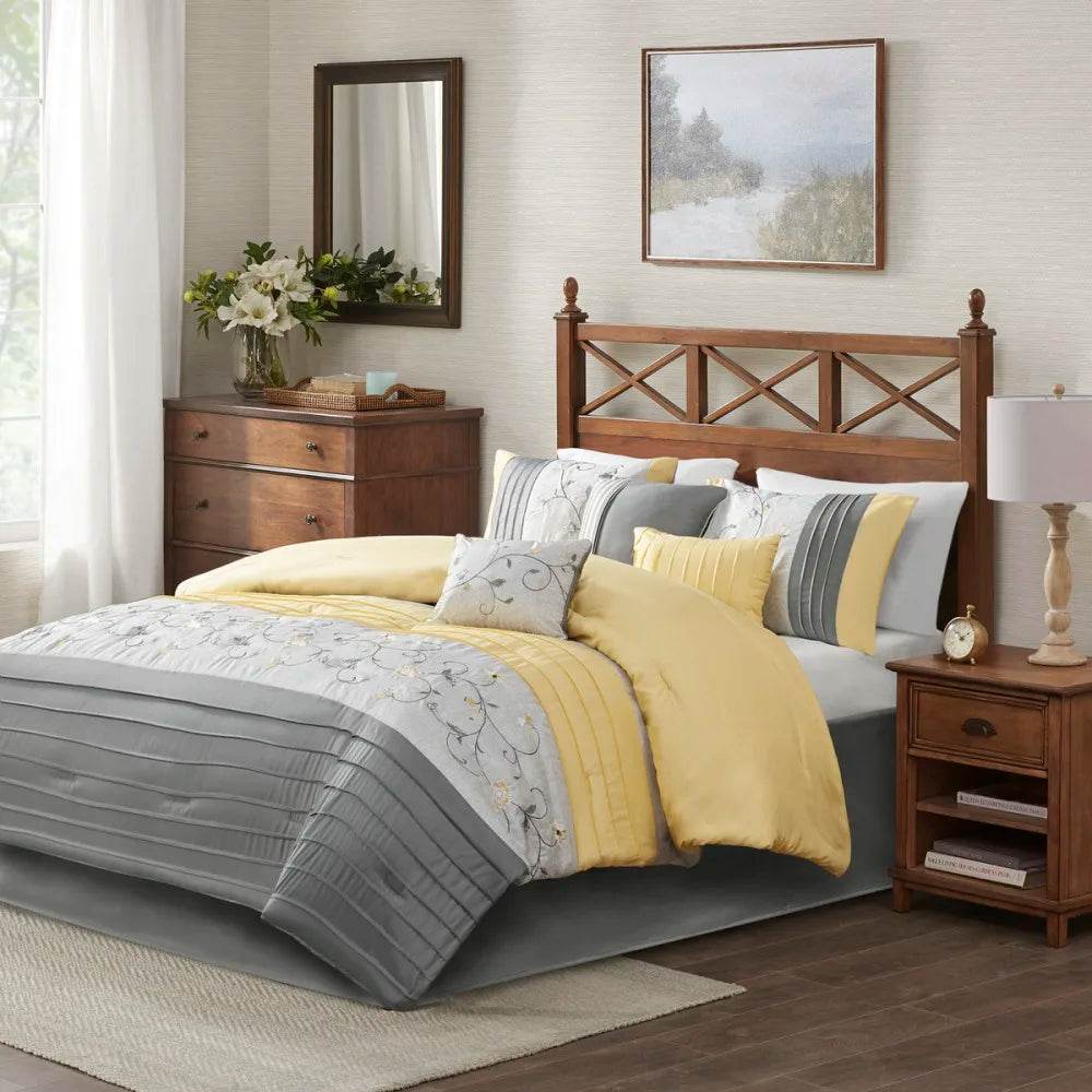 Embroidered 7 Piece Comforter Set Yellow Queen - Sleep Galleria