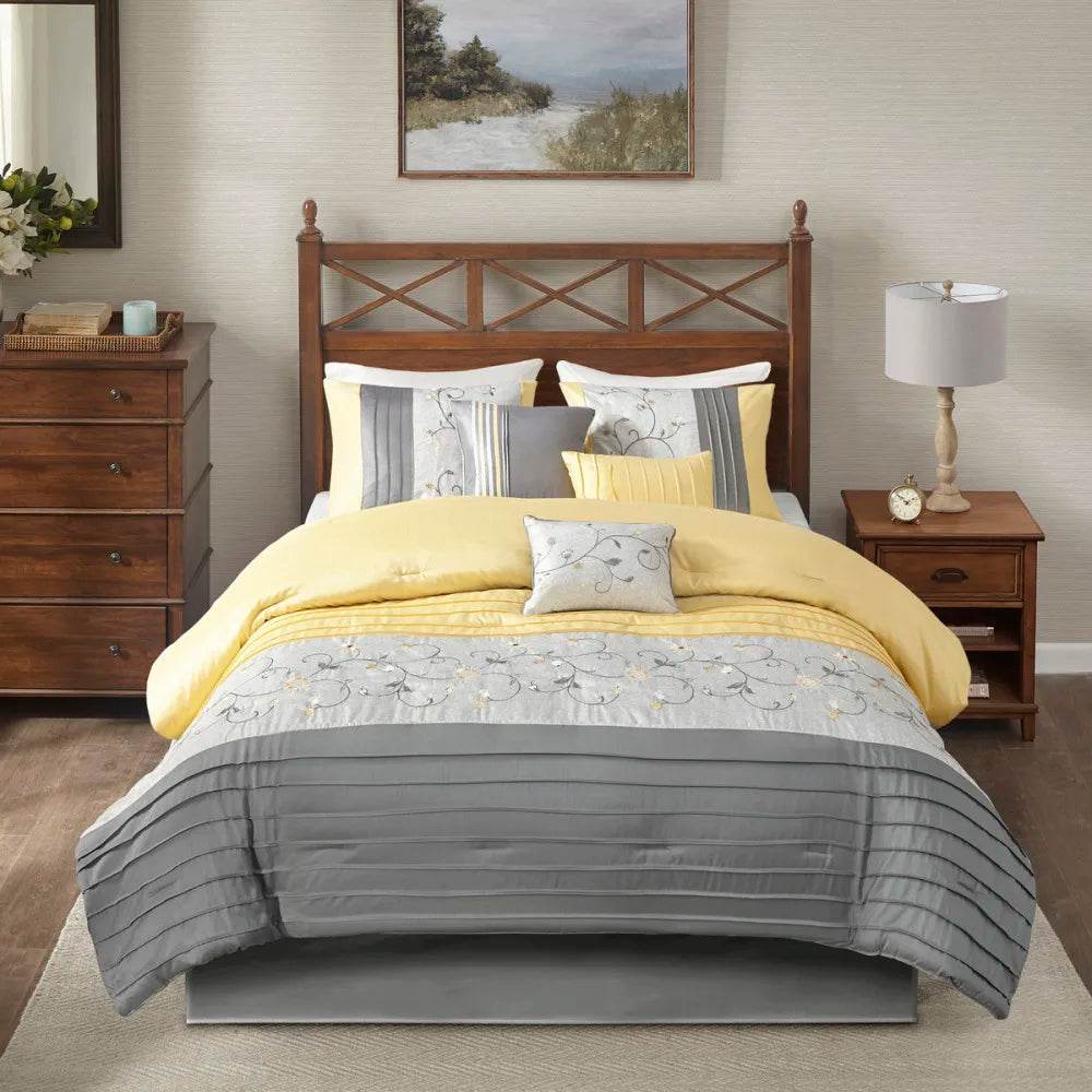 Embroidered 7 Piece Comforter Set Yellow Queen - Sleep Galleria