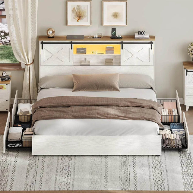 Farmhouse Bed Frame California King Size with 4 Storage Drawers, Wooden Platform Cal King Beds with Charging Station and LED - Omega Lifestyles