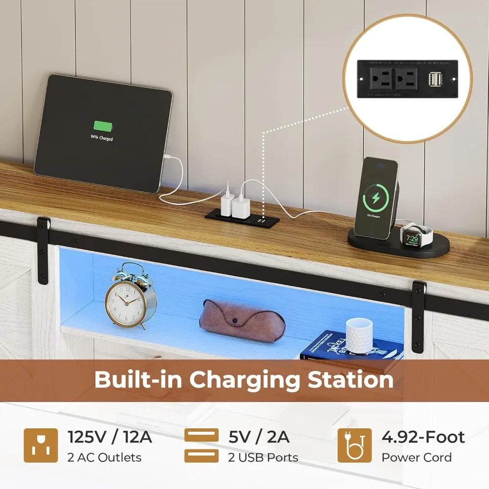 Farmhouse Bed Frame King Size with 4 Storage Drawers, Wooden Platform King Beds with Charging Station and LED Lights - Sleep Galleria