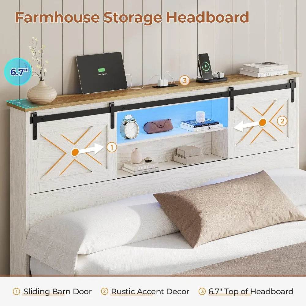 Farmhouse Bed Frame King Size with 4 Storage Drawers, Wooden Platform King Beds with Charging Station and LED Lights - Sleep Galleria