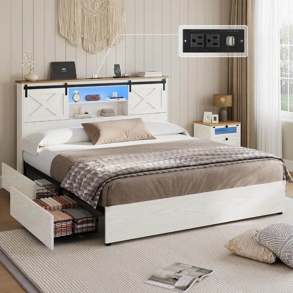 Farmhouse Bed Frame King Size with 4 Storage Drawers, Wooden Platform King Beds with Charging Station and LED Lights - Sleep Galleria