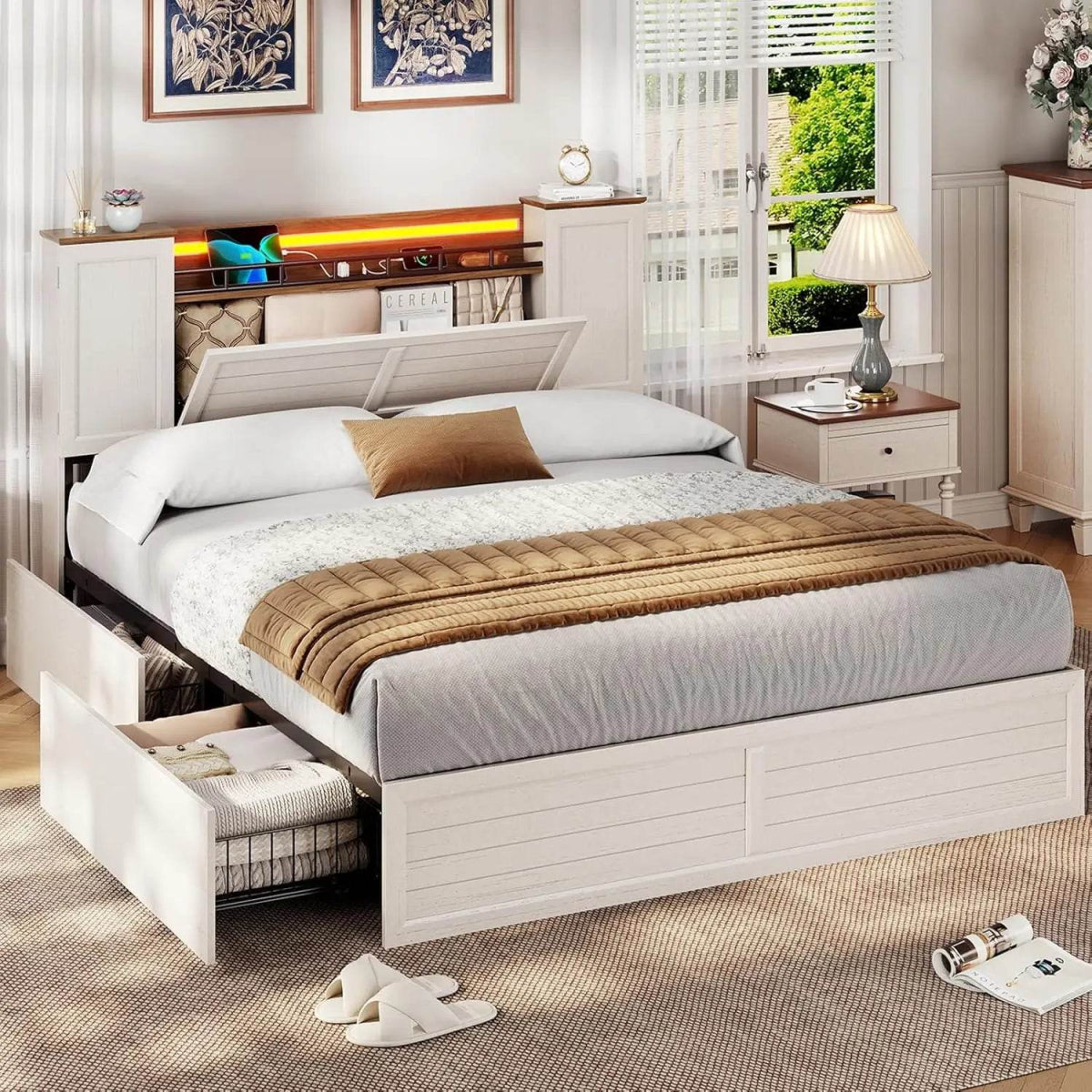 Farmhouse Bed Frame with Headboard and Double Barn Door Storage Cabinets Wooden Bed Frame with Charging Station 4 Drawers and LE - Omega Lifestyles