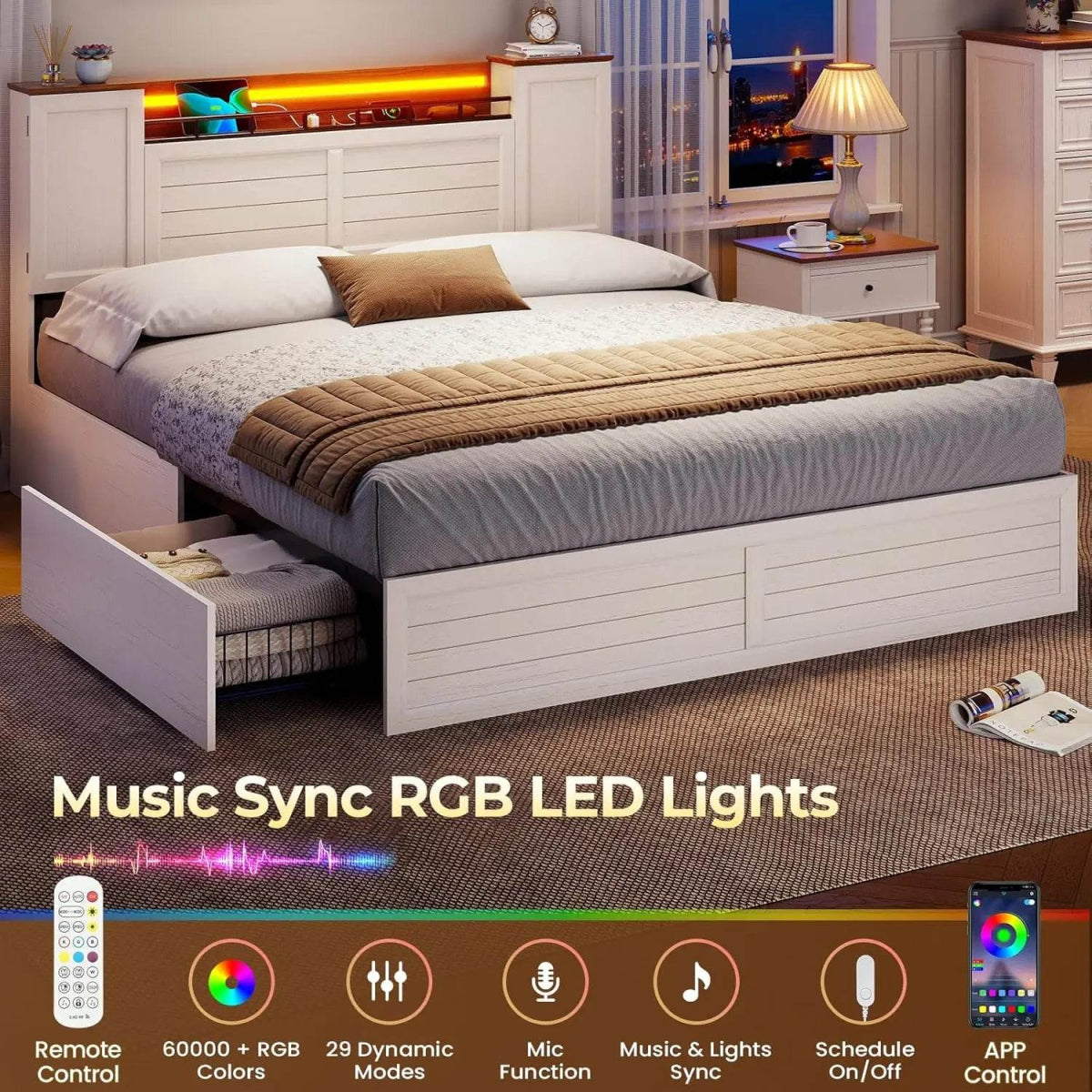 Farmhouse Bed Frame with Headboard and Double Barn Door Storage Cabinets Wooden Bed Frame with Charging Station 4 Drawers and LE - Omega Lifestyles