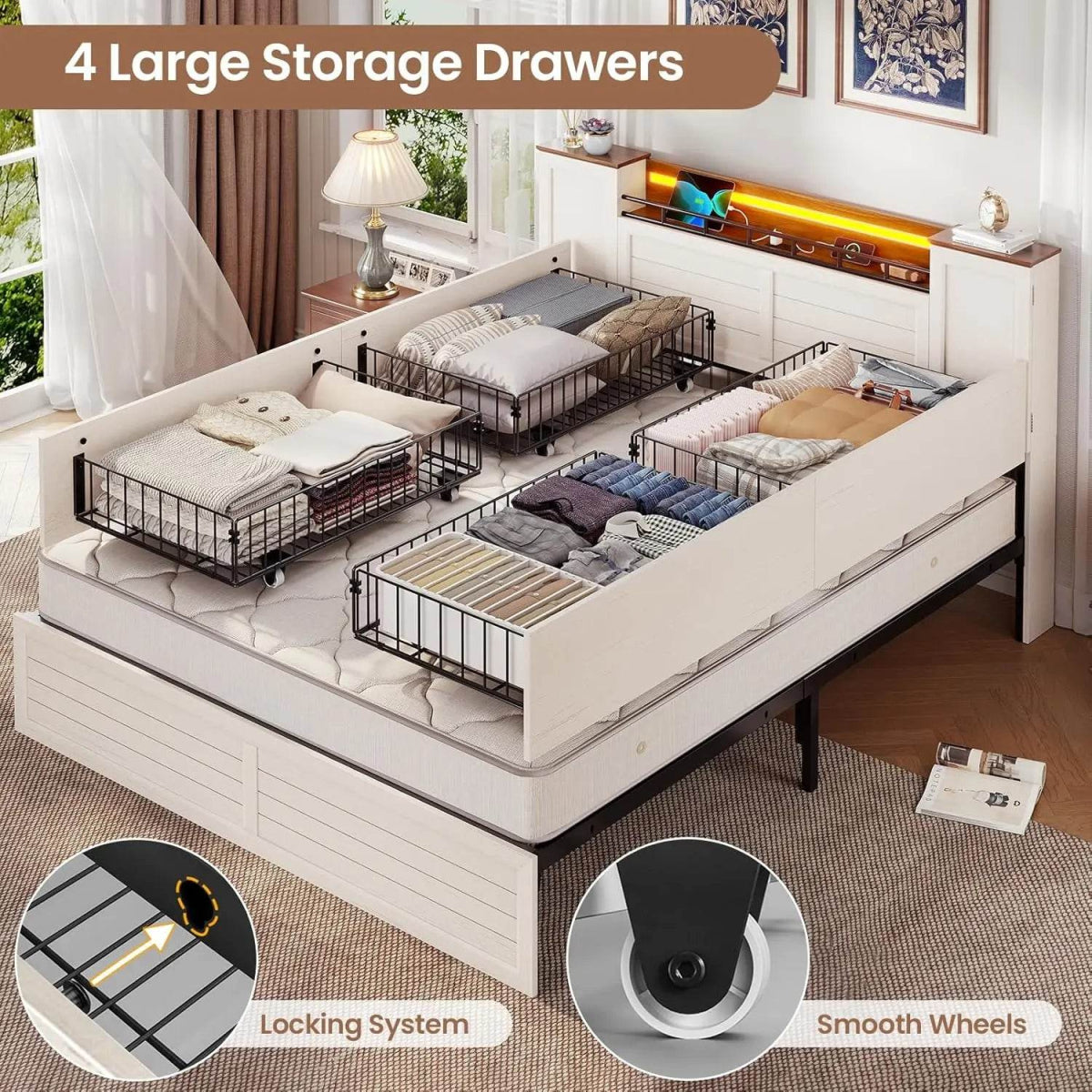 Farmhouse Bed Frame with Headboard and Double Barn Door Storage Cabinets Wooden Bed Frame with Charging Station 4 Drawers and LE - Omega Lifestyles