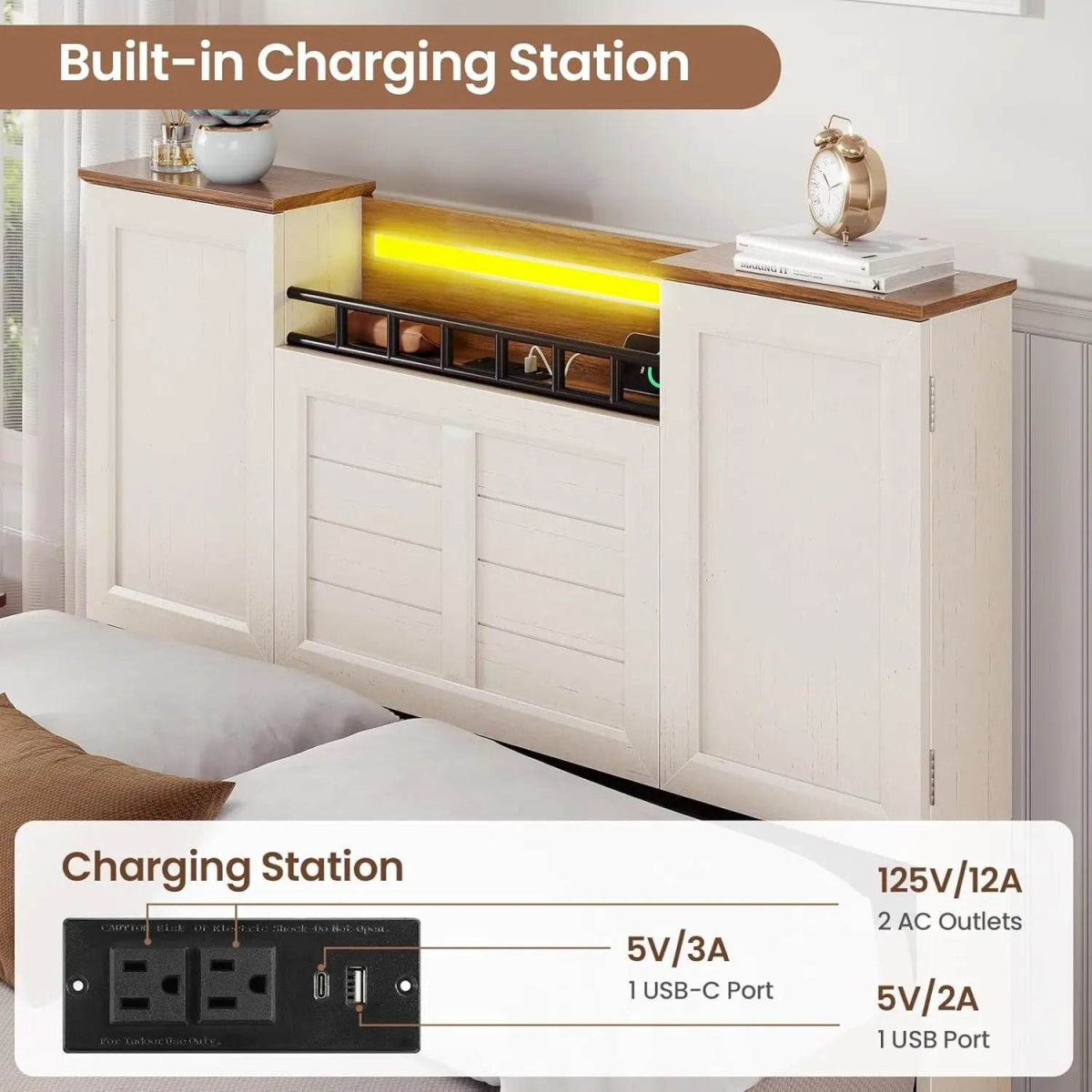 Farmhouse Bed Frames with Headboard and Double Barn Door Storage Cabinets Wooden Bed Frame Bed with Charging Station 4 Drawers a - Sleep Galleria