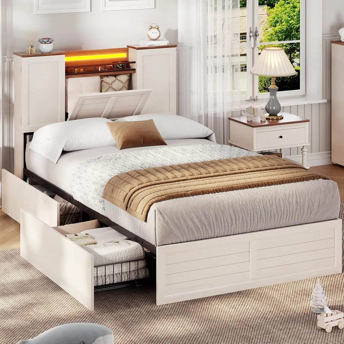 Farmhouse Bed Frames with Headboard and Double Barn Door Storage Cabinets Wooden Bed Frame Bed with Charging Station 4 Drawers a - Sleep Galleria