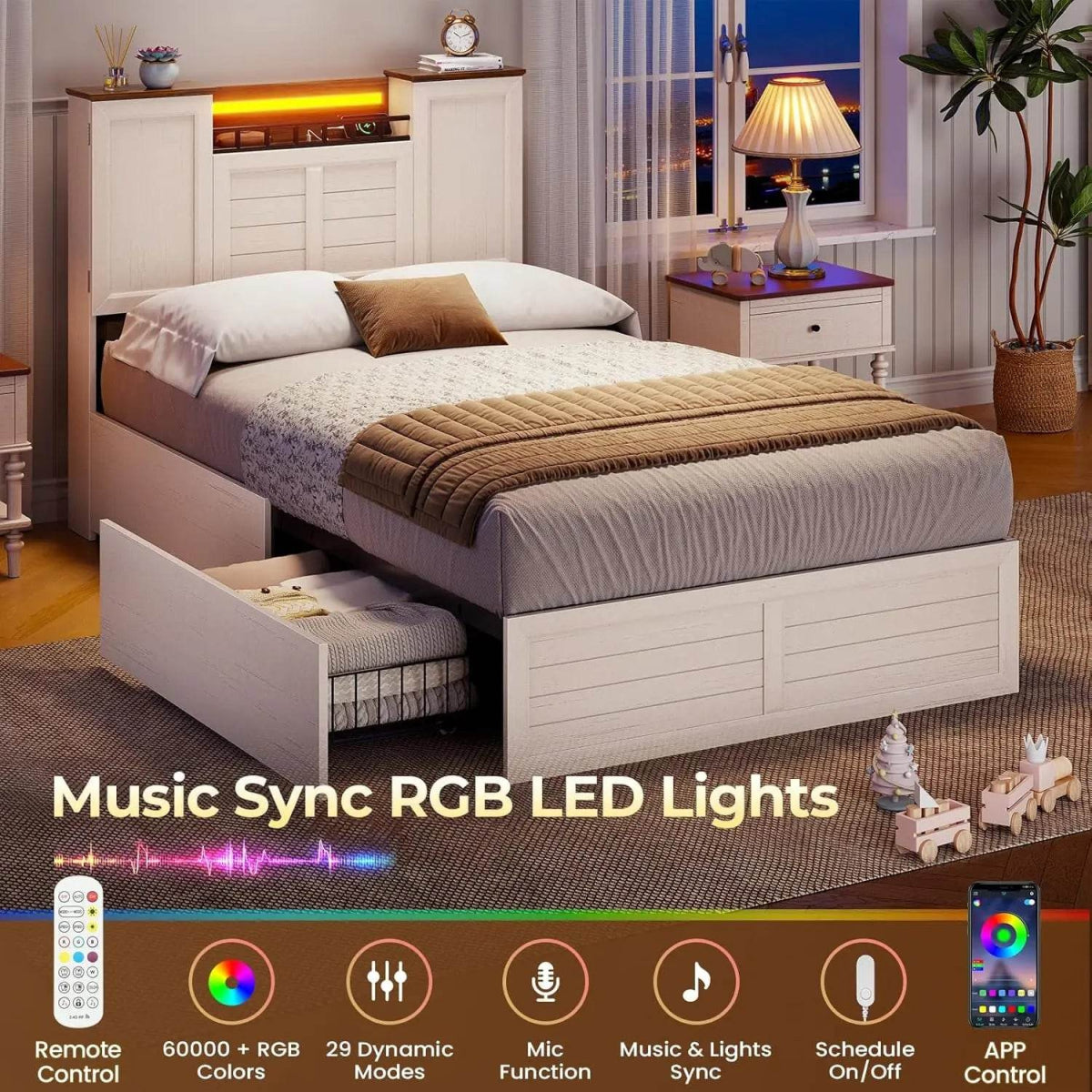 Farmhouse Bed Frames with Headboard and Double Barn Door Storage Cabinets Wooden Bed Frame Bed with Charging Station 4 Drawers a - Sleep Galleria