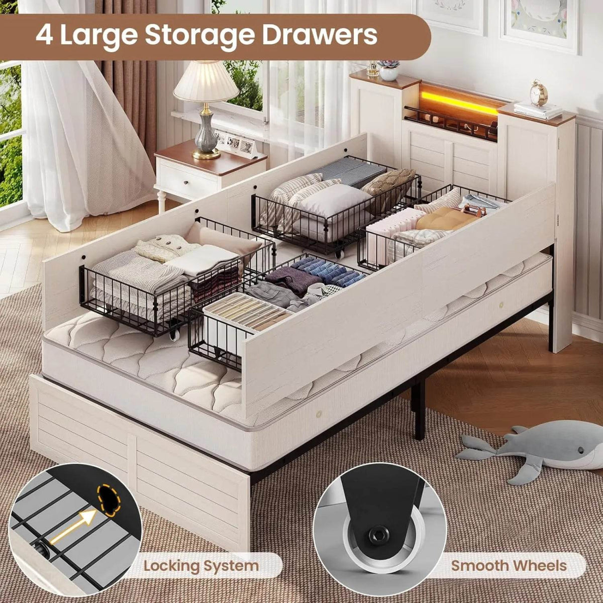 Farmhouse Bed Frames with Headboard and Double Barn Door Storage Cabinets Wooden Bed Frame Bed with Charging Station 4 Drawers a - Sleep Galleria