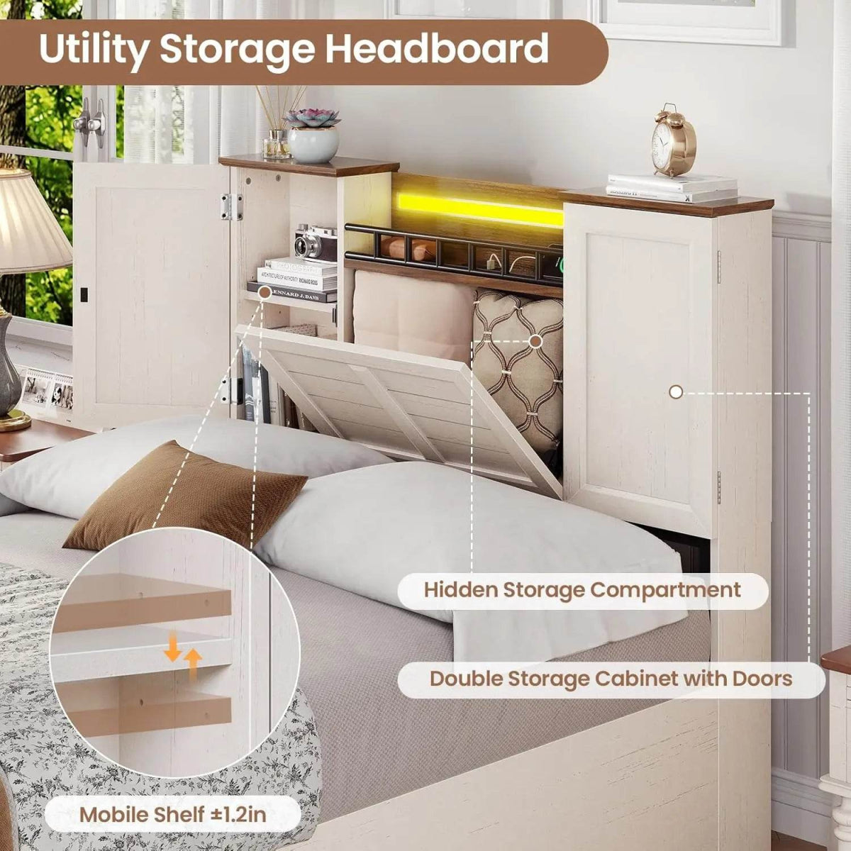 Farmhouse Bed Frames with Headboard and Double Barn Door Storage Cabinets Wooden Bed Frame Bed with Charging Station 4 Drawers a - Sleep Galleria