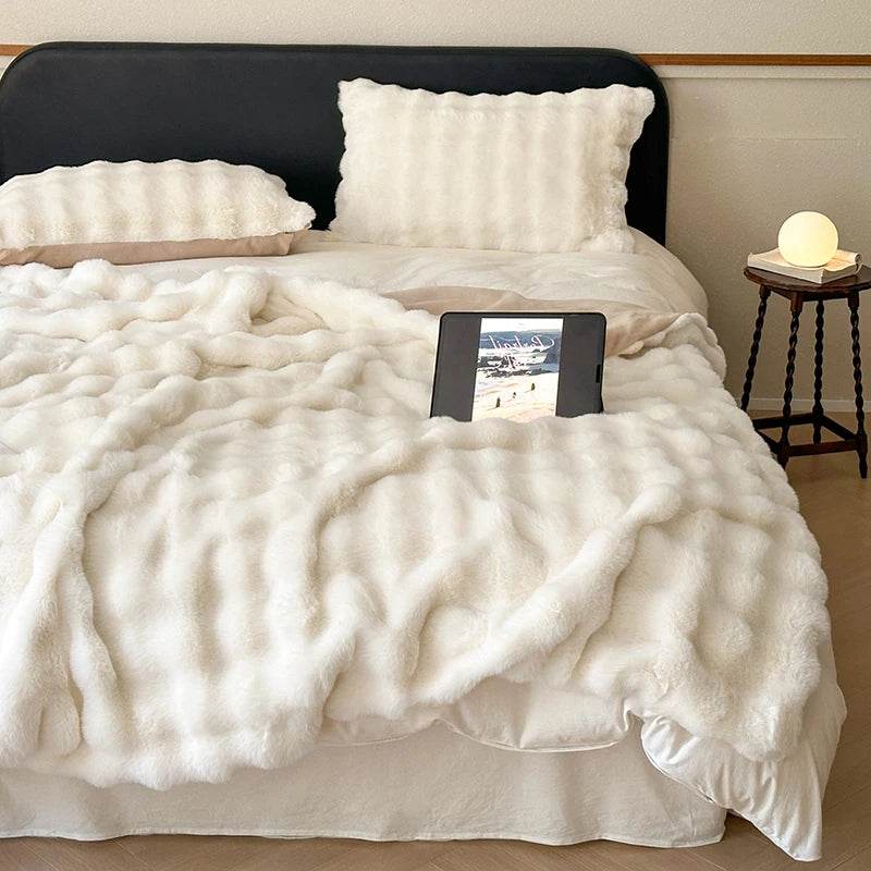 Faux Fur Throw Blanket for Couch, Cozy Warm Plush Striped Blanket for Sofa Bedroom Living Room, All Season Use - Sleep Galleria