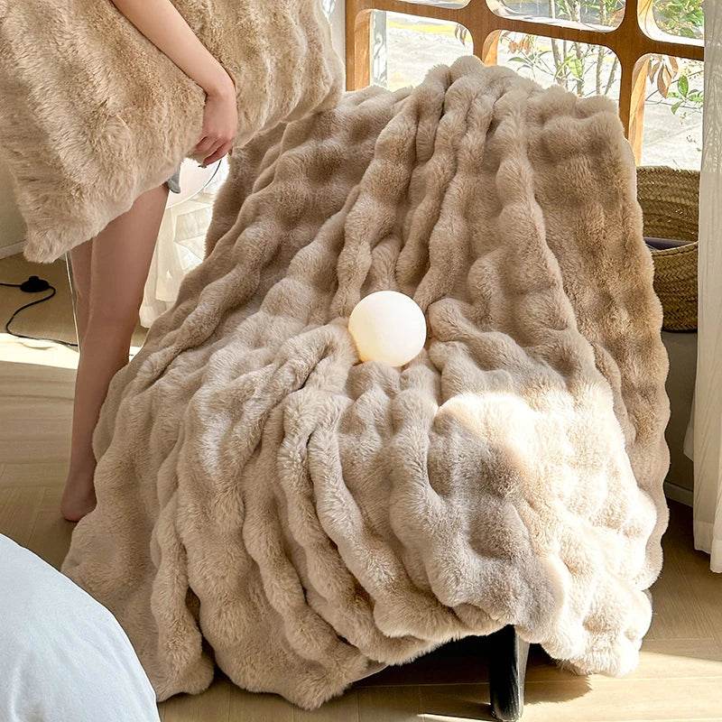 Faux Fur Throw Blanket for Couch, Cozy Warm Plush Striped Blanket for Sofa Bedroom Living Room, All Season Use - Sleep Galleria