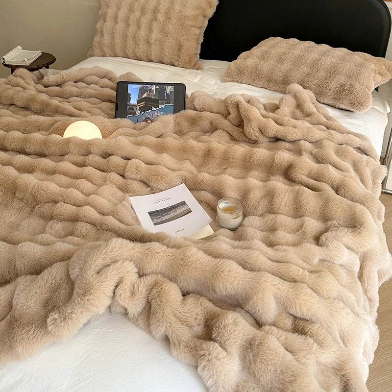 Faux Fur Throw Blanket for Couch, Cozy Warm Plush Striped Blanket for Sofa Bedroom Living Room, All Season Use - Sleep Galleria