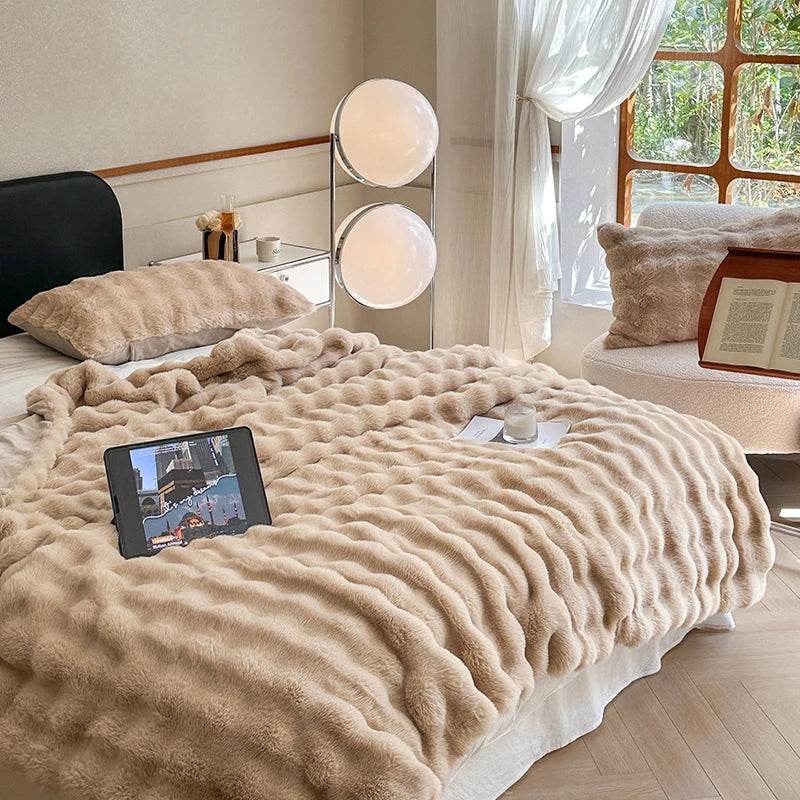Faux Fur Throw Blanket for Couch, Cozy Warm Plush Striped Blanket for Sofa Bedroom Living Room, All Season Use - Sleep Galleria