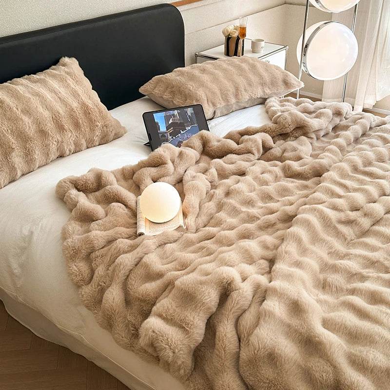 Faux Fur Throw Blanket for Couch, Cozy Warm Plush Striped Blanket for Sofa Bedroom Living Room, All Season Use - Sleep Galleria