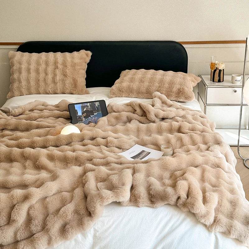 Faux Fur Throw Blanket for Couch, Cozy Warm Plush Striped Blanket for Sofa Bedroom Living Room, All Season Use - Sleep Galleria