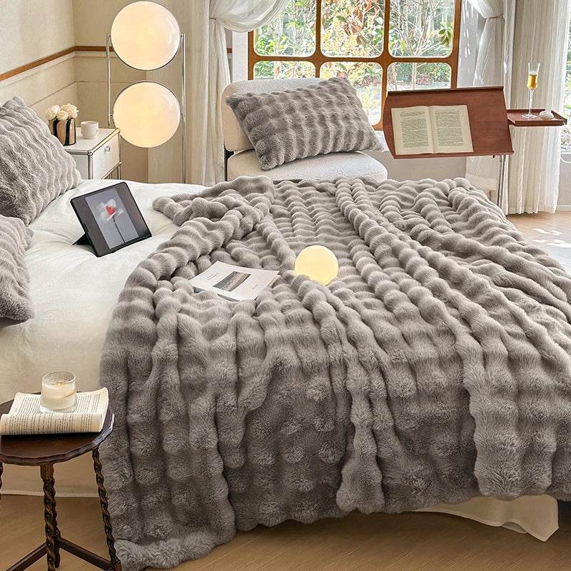 Faux Fur Throw Blanket for Couch, Cozy Warm Plush Striped Blanket for Sofa Bedroom Living Room, All Season Use - Sleep Galleria