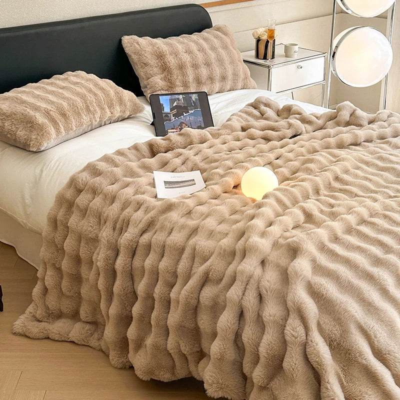 Faux Fur Throw Blanket for Couch, Cozy Warm Plush Striped Blanket for Sofa Bedroom Living Room, All Season Use - Sleep Galleria